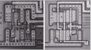 NAND門驅(qū)動(dòng)一個(gè)反向器的光學(xué)照片(包含金屬層和去掉金屬層)。